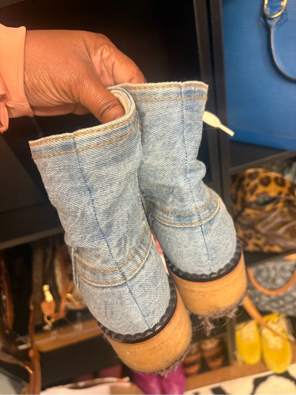 CHANEL Light Blue Denim Lace-Up Ankle Boots with CC Embroidery